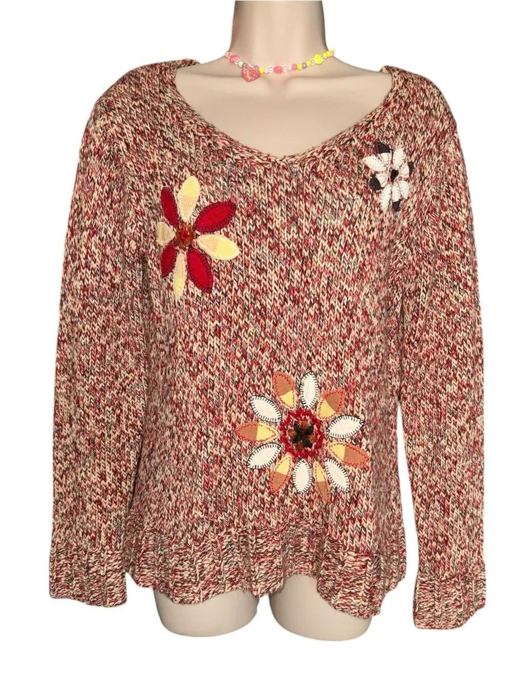 Crazy Horse Collection Multicolor Marled Patchwork Embroidered Knit Sweater